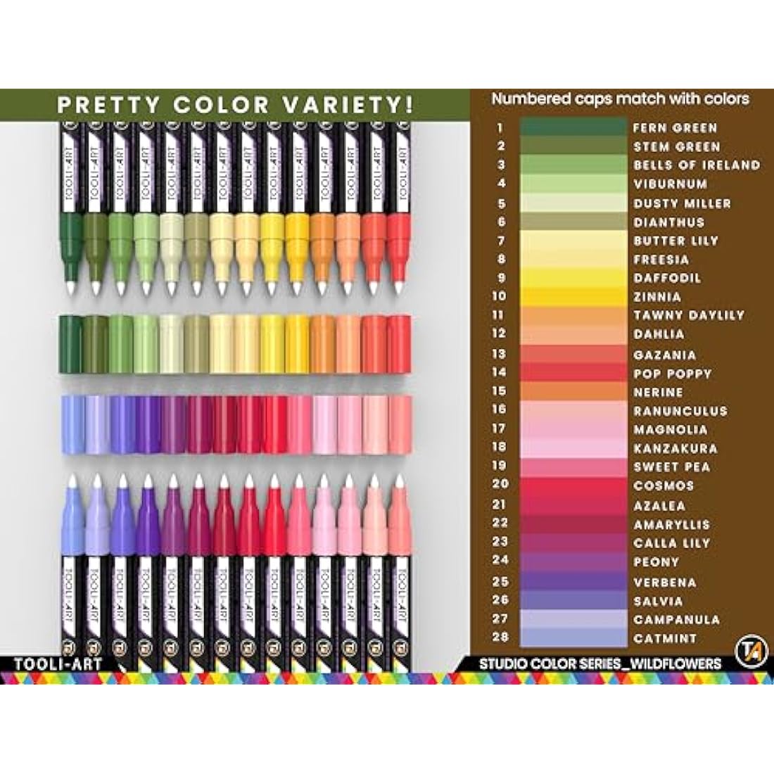 TOOLI-ART 28 Wildflower Acrylic Paint Pens Studio Colour Series Markers Set 0.7mm Extra Fine Tip, Rock Painting, Glass, Mugs, Wood, Metal, Canvas, DIY, Detailing. Non Toxic, Waterbased, Quick Drying