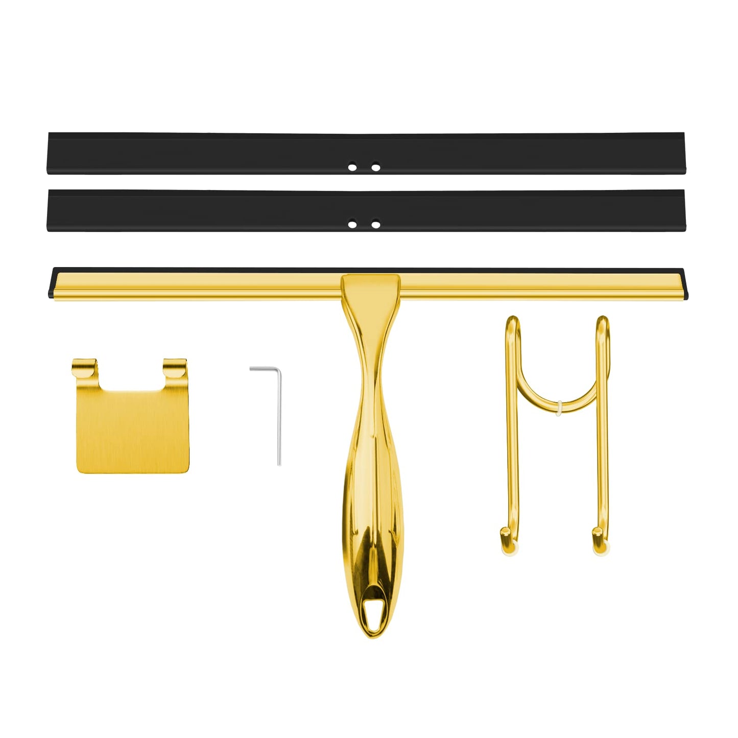 TOOVEM 12 Inch Shower Squeegee for Glass Doors, Window, Bathroom, Car Windshield, Shower Cleaning Tools with S Hook, Square Sticky Hook?Gold?