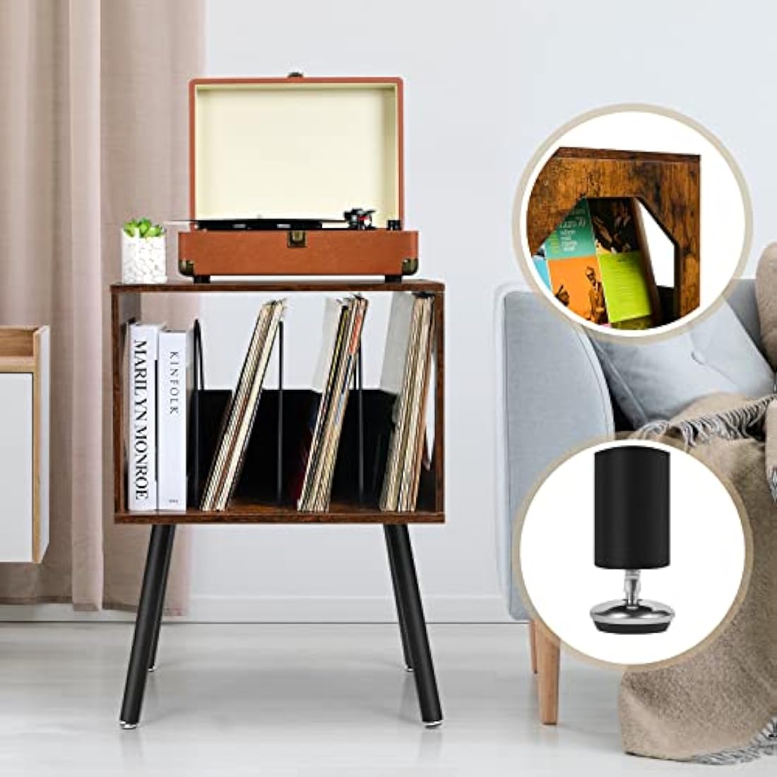 ikkle Rustic Record Player Stand, Record Storage Cabinet Holder with Metal Legs Holds 150 Albums, Turntable Stand Vinyl Record Storage Table for Bedroom Living Room (Brown)