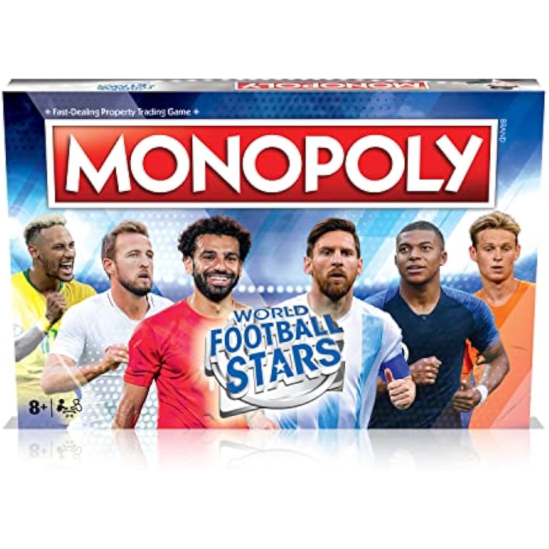 Winning Moves World Football Stars Monopoly Board Game, Play with Cristiano Ronaldo, Lionel Messi, Harry Kane and Salah, gift for ages 8 plus, Blue