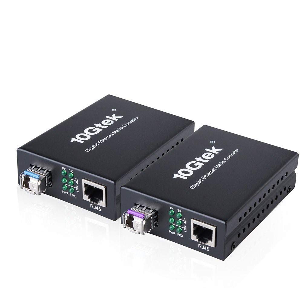 10Gtek a pair of Gigabit Ethernet Media Converters with a pair of Bidi Singlemode Simplex LC SFP, 10/100/1000M RJ45 to 1000Base-LX, up to 20km, with