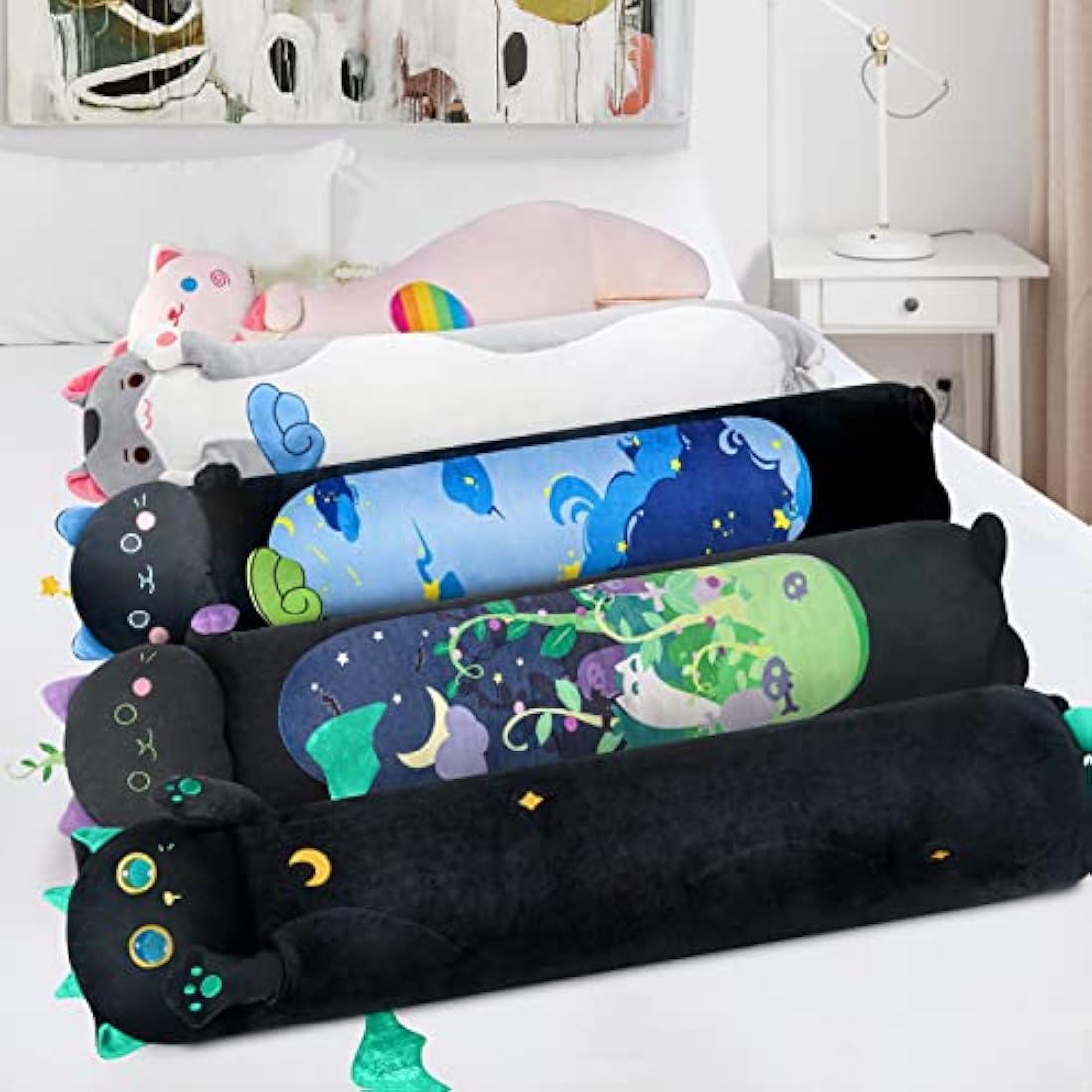 Mewaii 20in Long Cat Plush Pillows Stuffed Animals Squishy Pillows - Plushie Cute Big Green Eyes Sleeping Hugging Plush Pillow Soft Toys for Kids(Black)