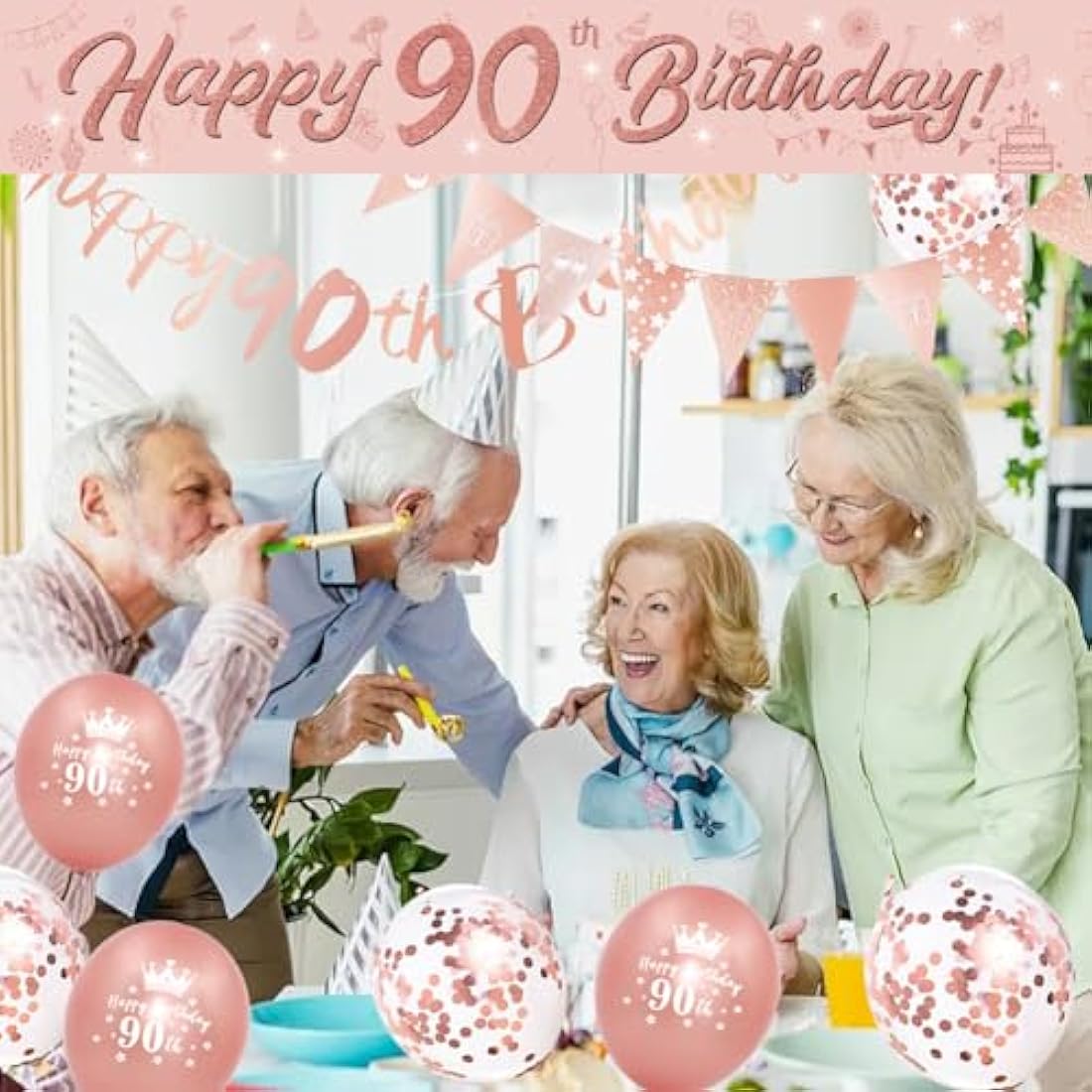 DEARLIVES 14 Pieces 90th Happy Birthday Decorations,Rose Gold 90th Birthday Party Supplies Including Happy 90th Birthday Banners Birthday Straps Triangle Flag Bunting Confetti Latex Balloons