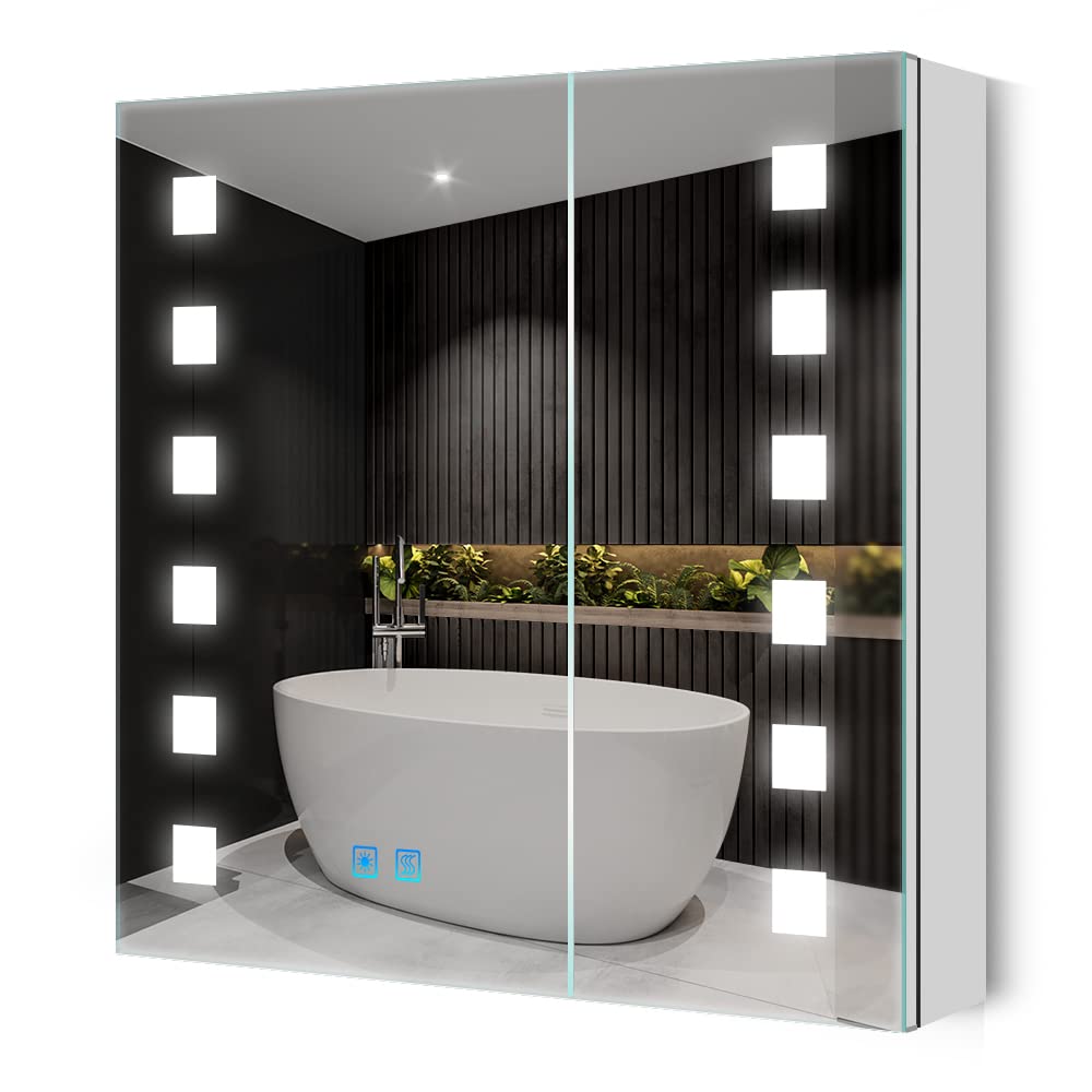 Quavikey?LED Bathroom Mirror Cabinet with Shaver Socket 2 Doors Grey LED Illuminated Bathroom Cabinet with Light Removeable Shelf and Built-in
