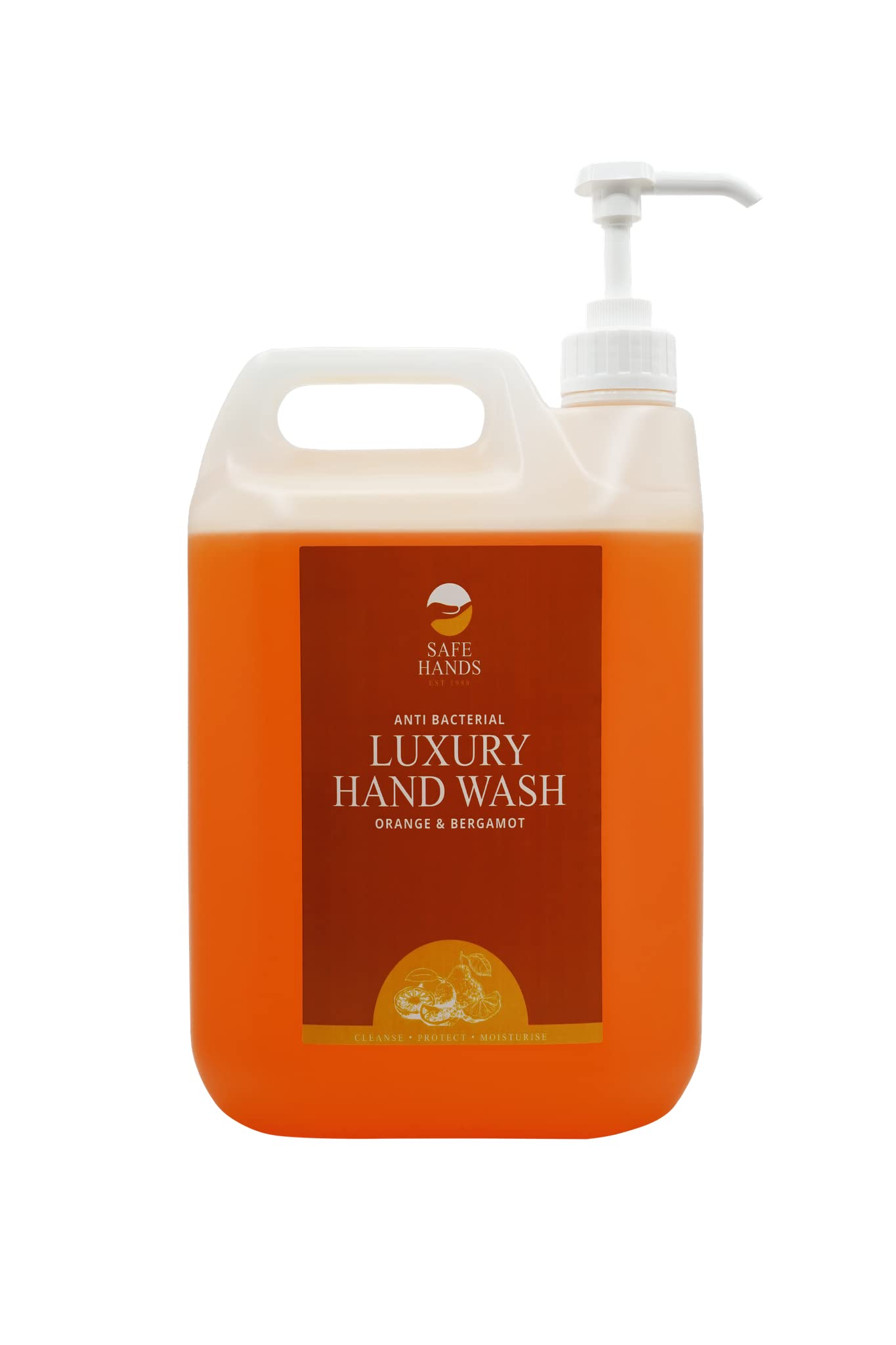 Safe Hands | Luxury Hand Wash with Pumps | Orange & Bergamot | 5 Litre | Moisturising hand soap liquid | Anti Bac Hand Soap | Removes 99% of Bacteria