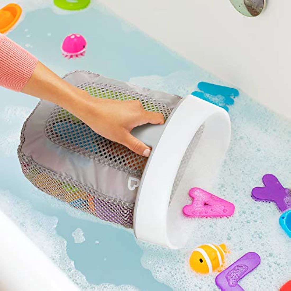 Munchkin Super Scoop Baby Bath Toy Storage Basket & Net | Removable Wall Hanging Bath Tidy | Baby Bath Caddy & Bath Organiser Rack | Shower Bath Toy Holder | Bathroom Toy Net with Suction Cup & Handle