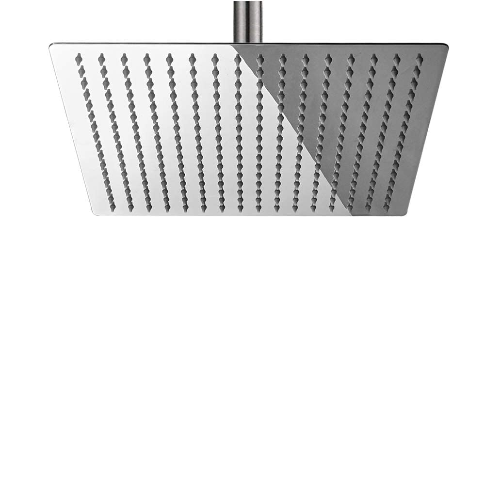 BESy 12 Inch Rain Shower Head, 12" Square Rainfall & High Pressure Stainless Steel Bath Shower Head, 1/16 Ultra Thin, Waterfall Full Body Coverage