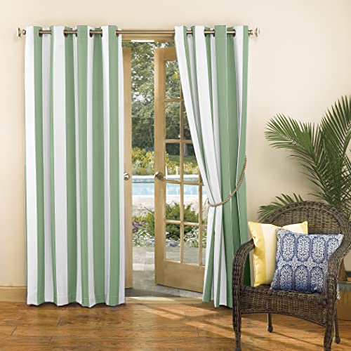 Sun Zero Valencia 2-Pack Cabana Stripe Indoor/Outdoor UV Protectant Energy Efficient Grommet Curtain Panel Pair, Spa Green, 54" x 108