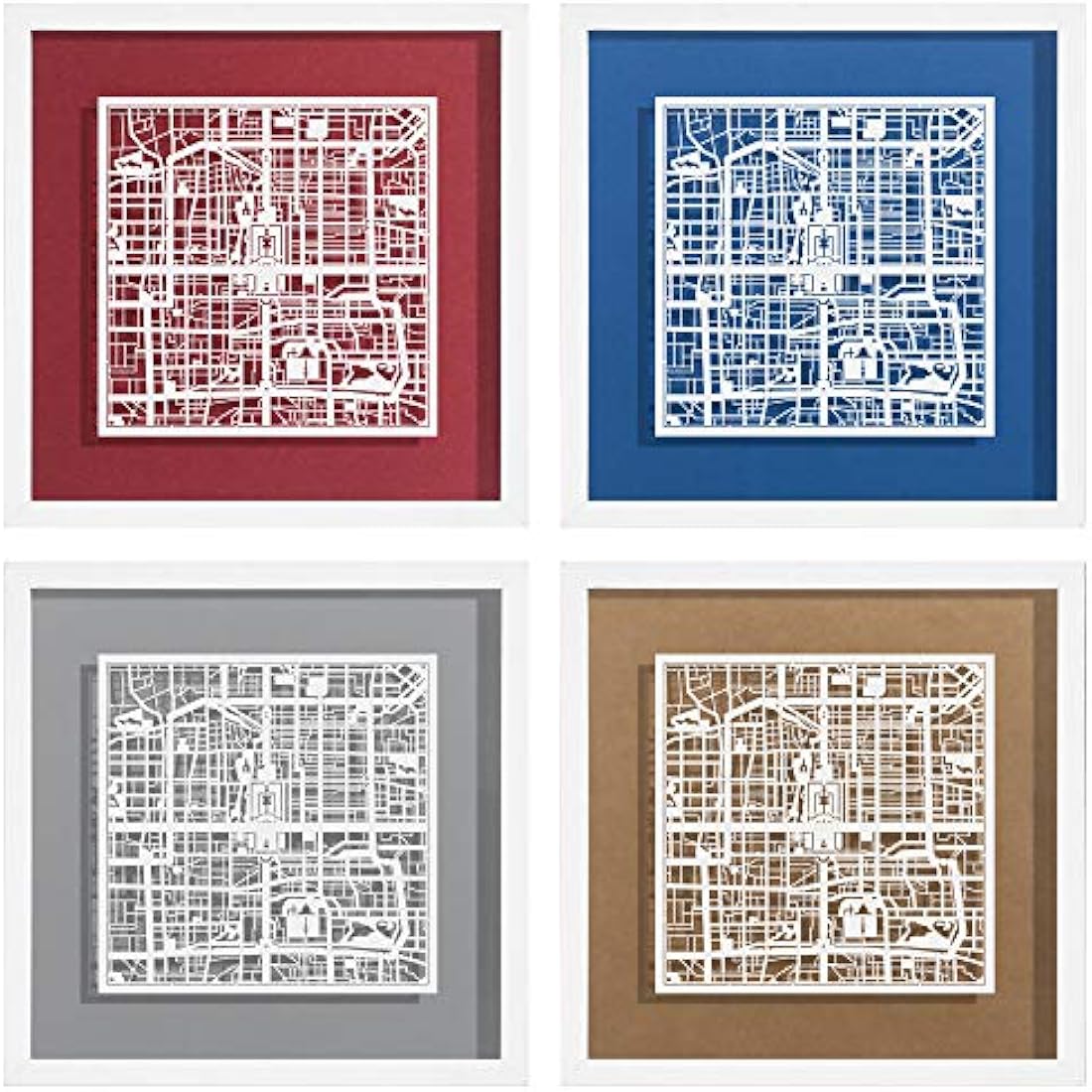 O3 DESIGN STUDIO Beijing Paper Cut Map framed, White map, White frame, 9x9 inches, Gift Boxed, 4 background color, self-changing, Paper Art