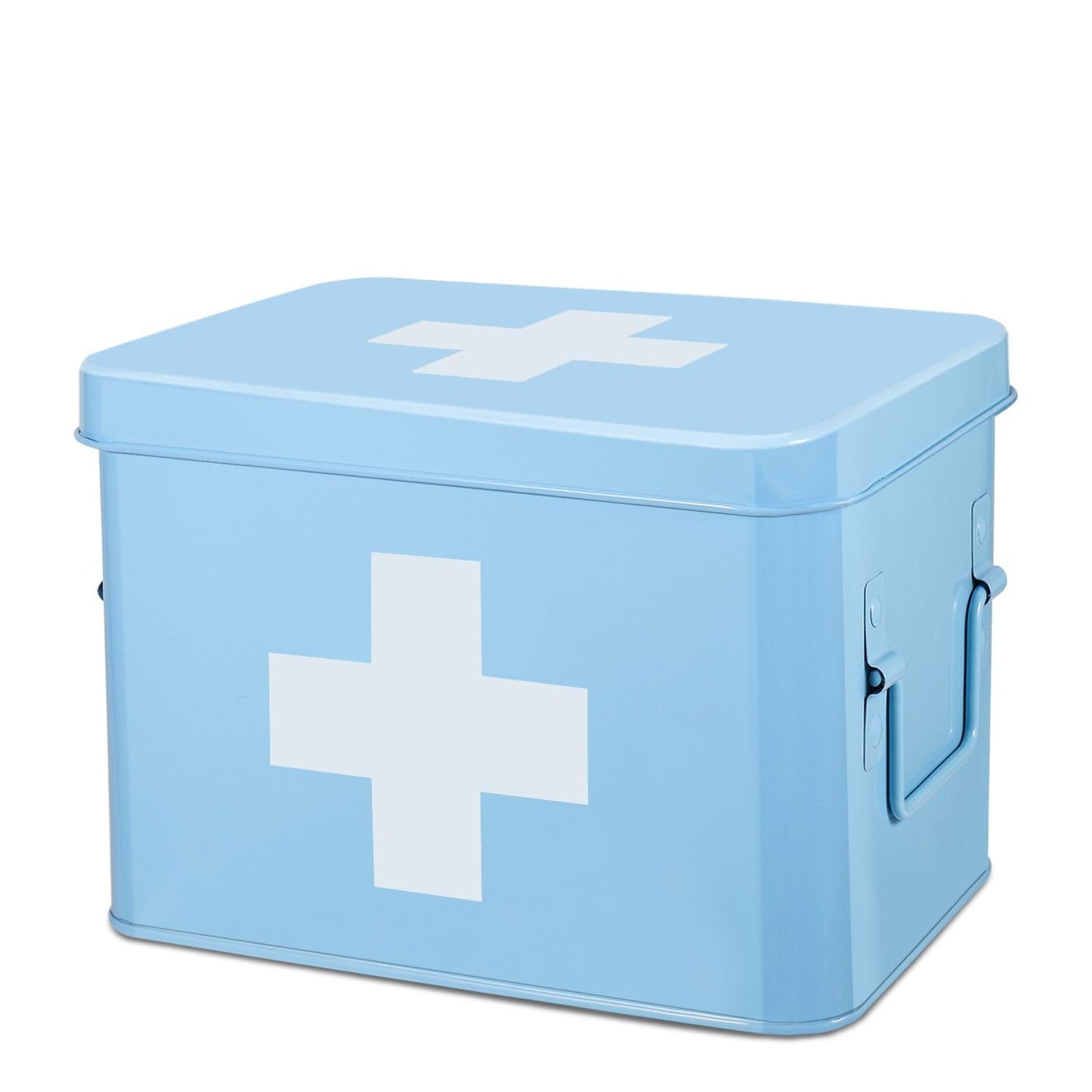 Flexzion First Aid Organizer - 8.5 Inch Blue Vintage Metal Kit With Dividers, Removable Tray and Cross Logo - Empty Medical Storage Container