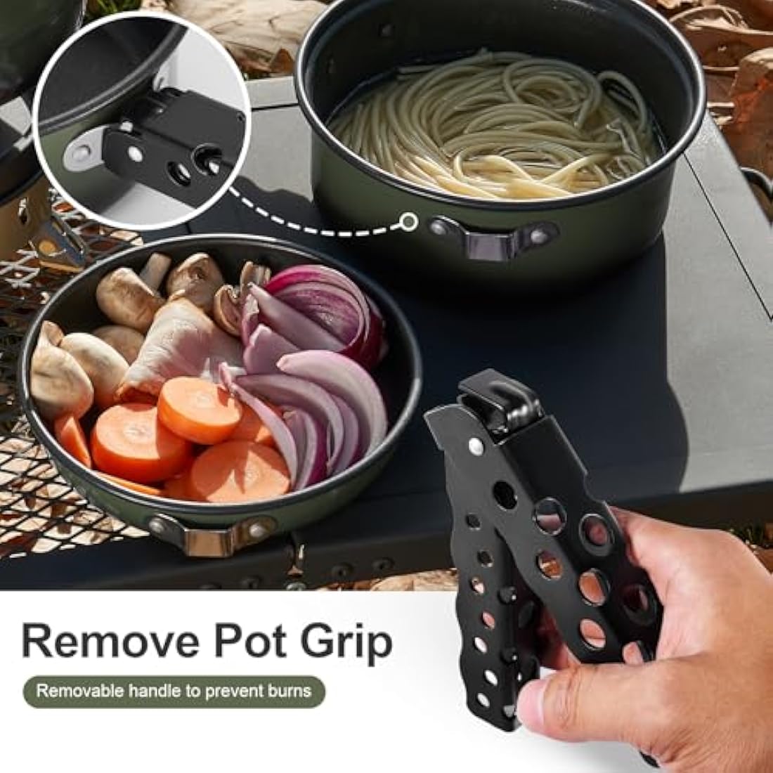 Odoland 5pcs Camping Cookware Mess Kit, Non-Stick Lightweight Pot Pan Kettle Set with a removable handle - Perfect for Backpacking, Camping, Hiking, and Picnic