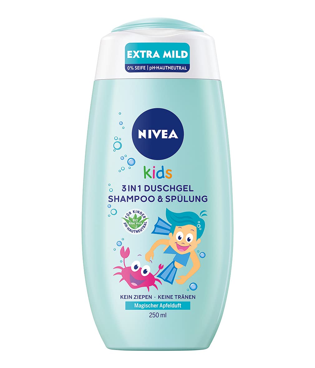 Nivea Kids 3-in-1 Shower Gel, Shampoo & Conditioner (250 ml), Care and Cleaning for Kids with Magic Apple Fragrance, Extra Mild & Soap-Free Hair and
