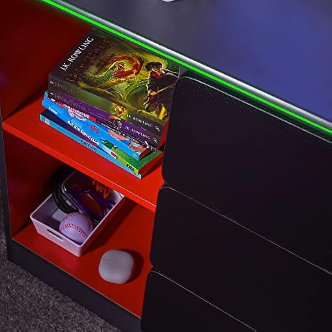 X-Rocker Black Chest of Drawers, 3 Drawer with Integrated Handles and Metal Runners, Customisable RGB LED Lighting Strip for Ambient Lighting, Kids Bedroom Furniture Gaming - GREY/RED