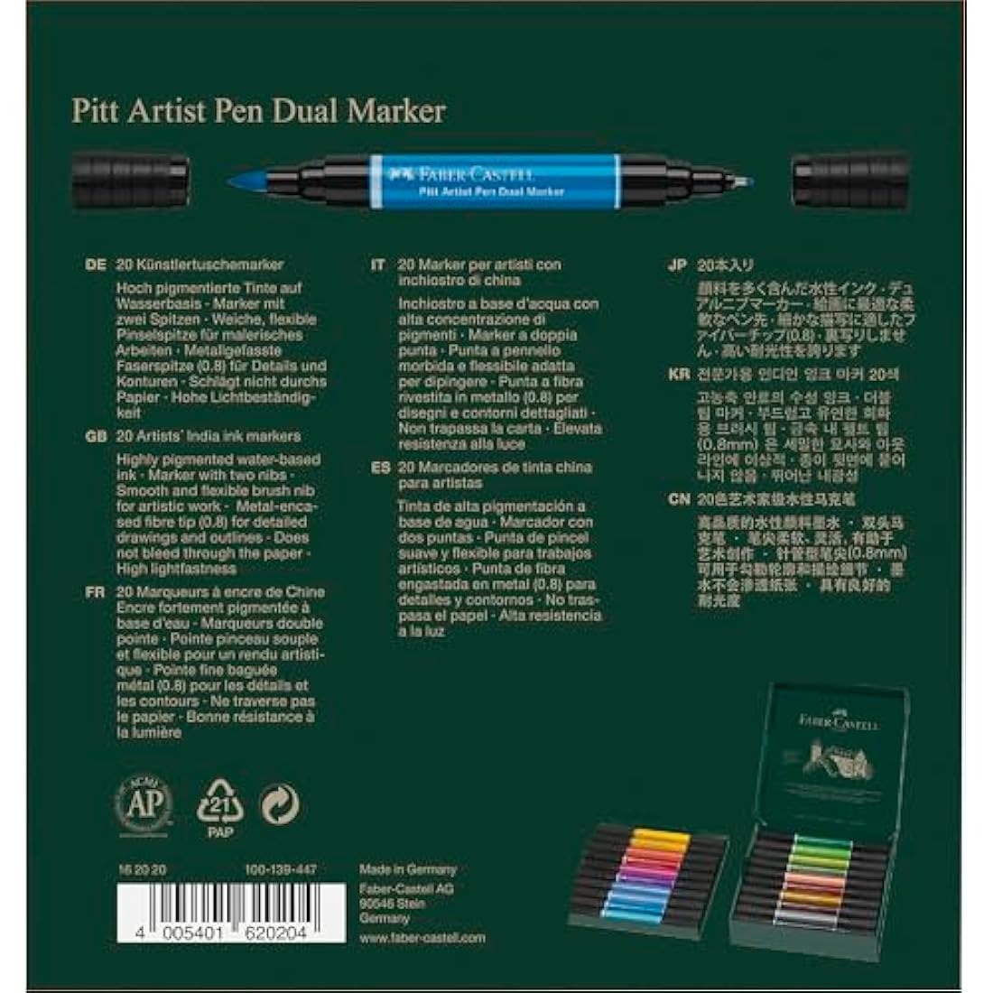 Faber-Castell Art & Graphic Pitt Artist Pen Dual Marker India Ink, Multicoloured, Wallet Of 20, For Art, Craft, Drawing, Sketching, Home, School, University, Colouring
