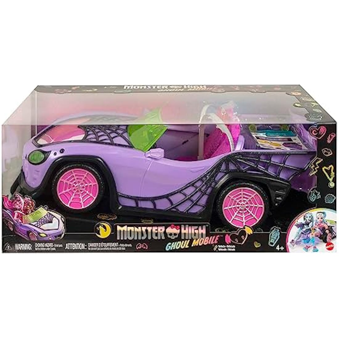 Monster High Toy Car, Ghoul Mobile with Pet and Cooler Accessories, Purple Convertible with Spiderweb Details