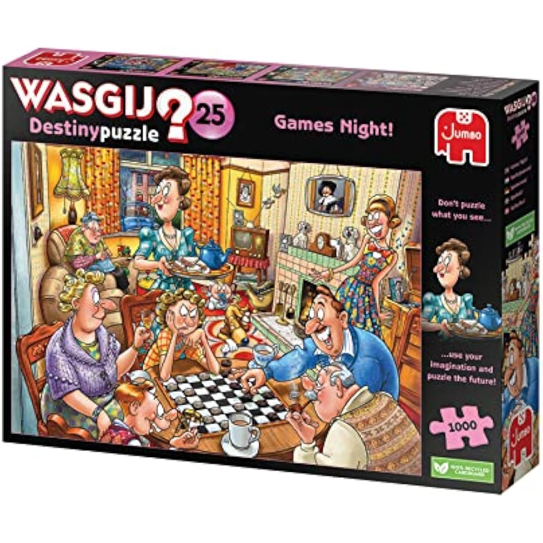 Wasgij Destiny 25, Games Night - 1000 Piece Jigsaw Puzzles for Adults - Colourful, Fun, Challenging & Brainteasing Adults Jigsaw Puzzle, Puzzle the Future - 100% Recycled Cardboard, 1000pcs - Jumbo
