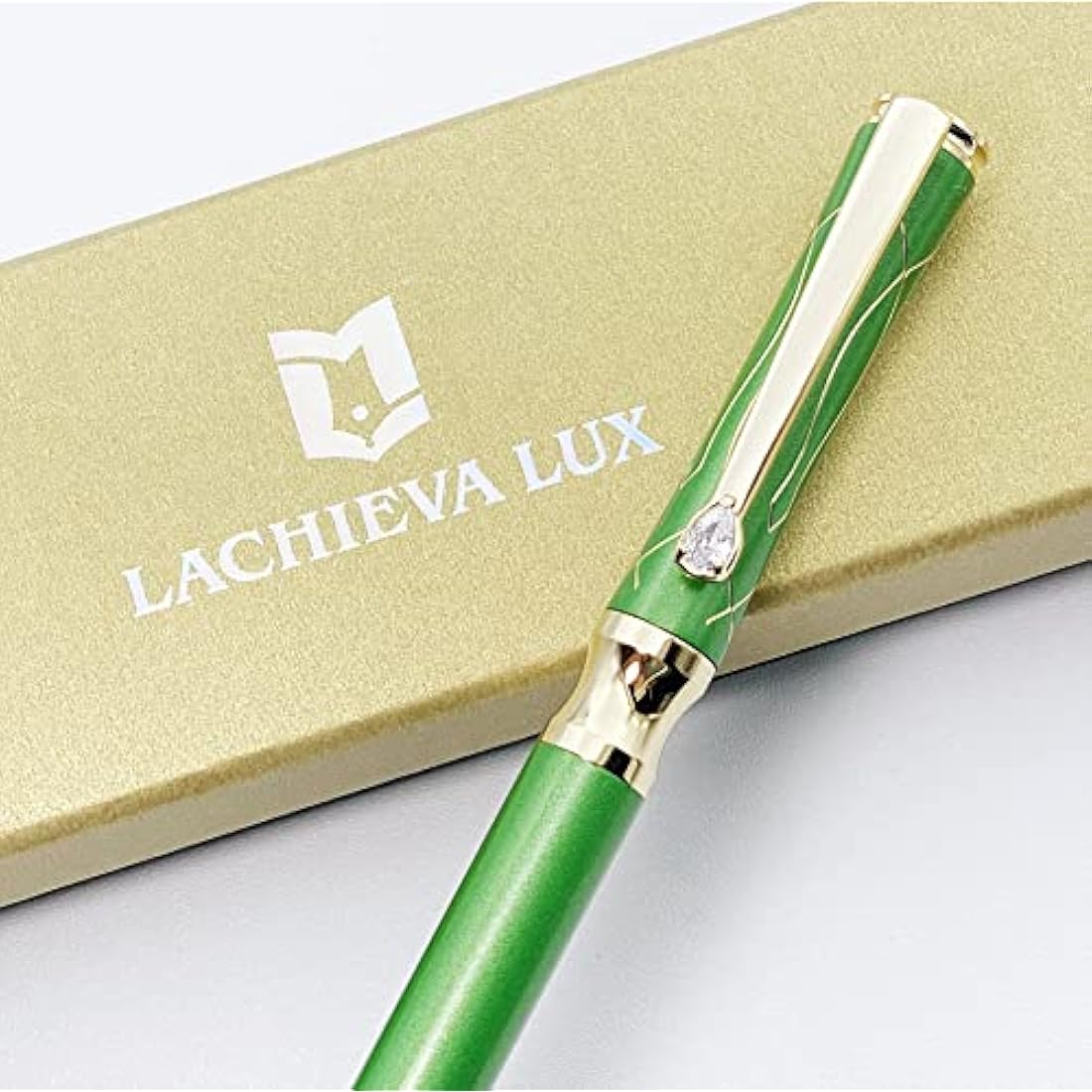 LACHIEVA LUX Nice Elegant Crystal Executive Metal Ballpoint Pen with Germany Schmidt P900M Refills (Black and Blue 2 Refills)-Green