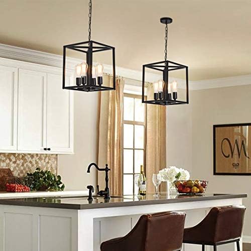 Qcyuui Vintage Lantern Pendant Light, Industrial Metal Cage Foyer Chandeliers Ceiling Lamp, 4-Light Black Hanging Pendant Lighting Fixture for Kitchen Island Farmhouse Hallway, E27