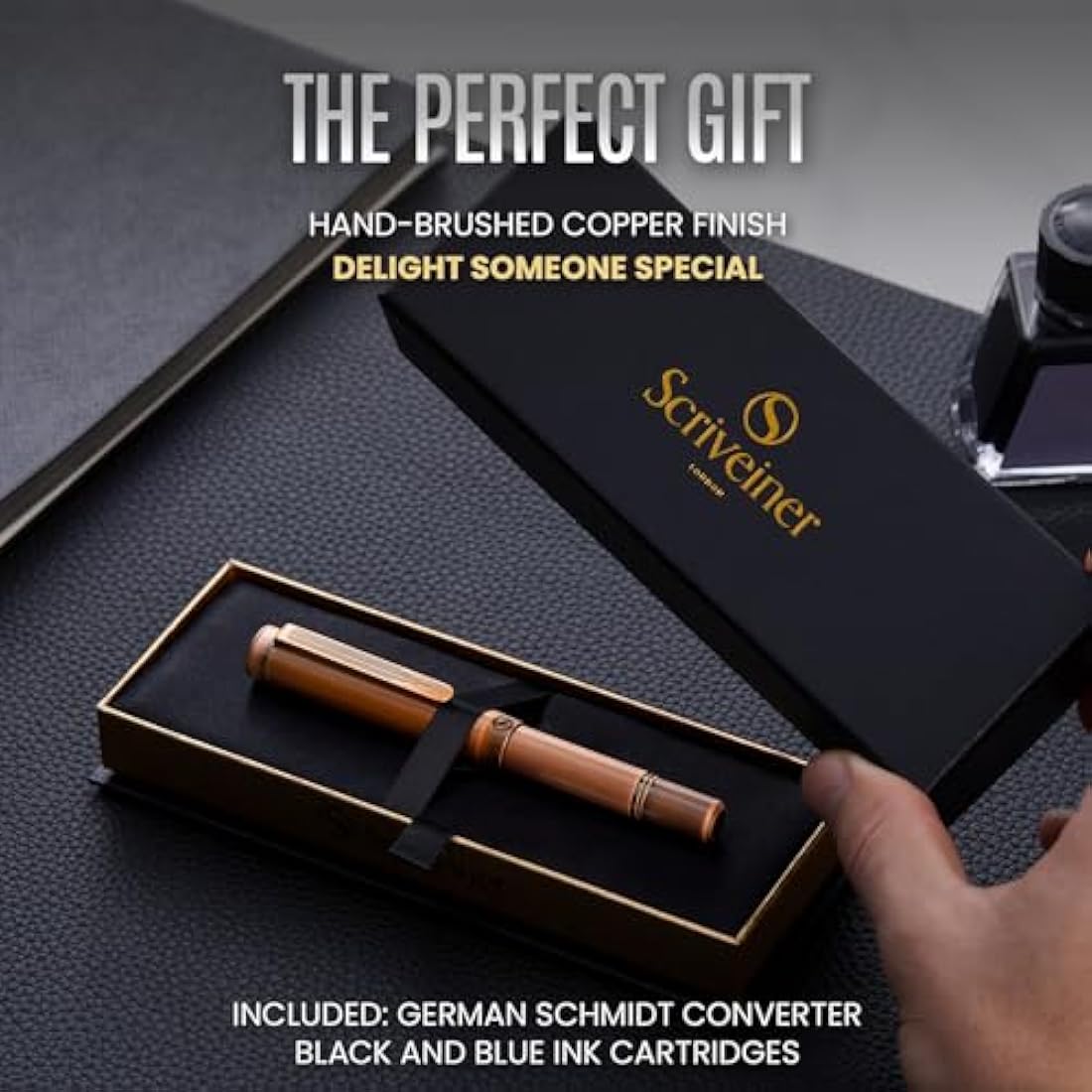 Scriveiner Luxury EDC Fountain Pen (Medium), Stunning Heavy Brass Pocket Pen, Hand Brushed Copper Finish, Schmidt German Nib Converter, Best Writing Pen Gift Set for Men Women, Nice Fancy Designer Pen