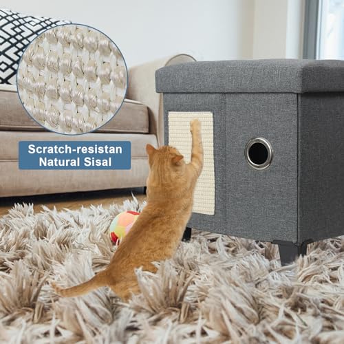 BRIAN & DANY Large Cat Cave for Indoor Cats, Multifunctional Cube Cat House with Cat Scratch Board & Ball, Cat Bed, 45 x 37.5 x 38 cm, Gray
