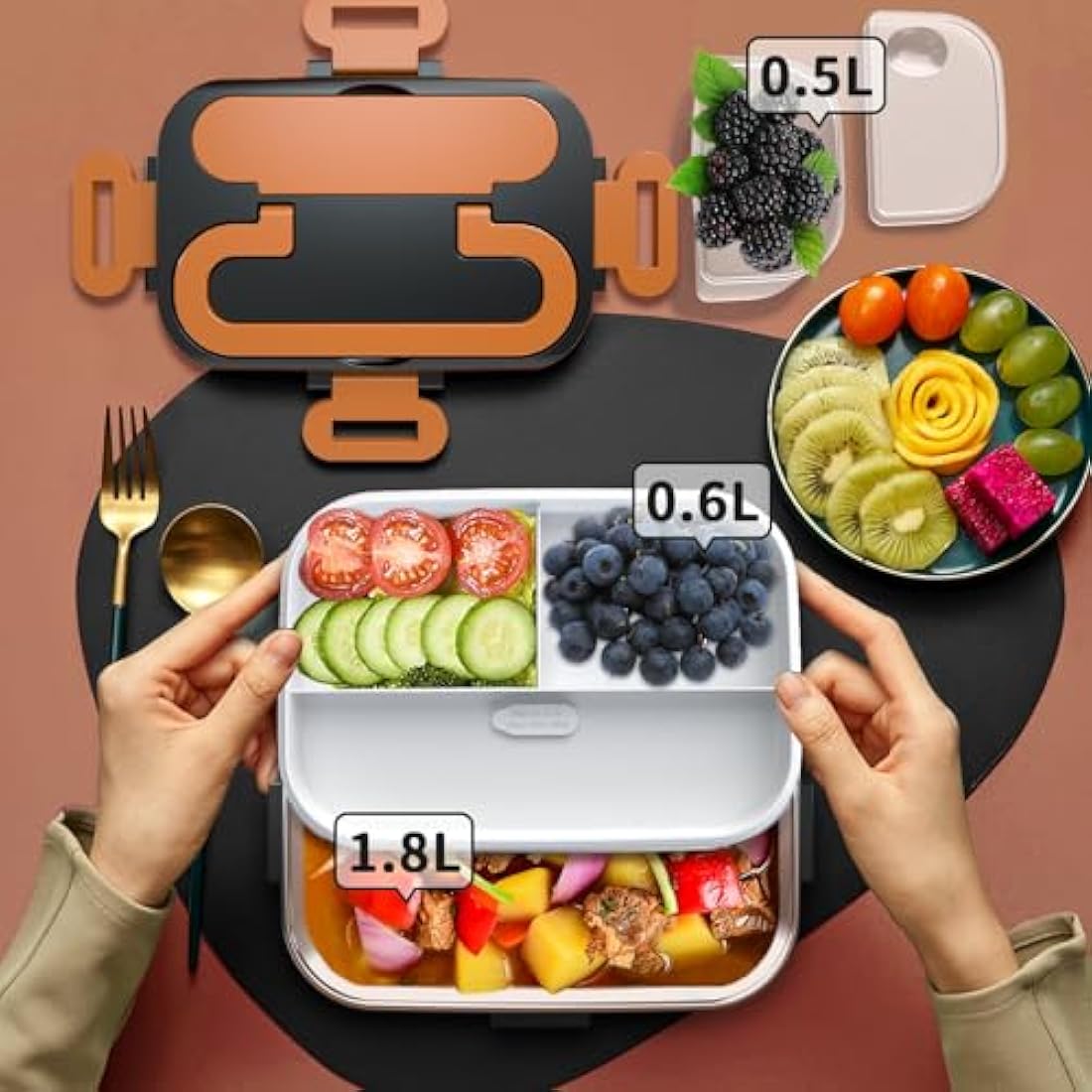 SOOOEC Electric Heated Lunch Box 100W - 3-in-1 1.8L Super Fast Portable Lunch Boxes Food Heater for Adults,12V/24V/110-220V Heating Lunch Box for Car Truck Office Home (Orange&Black)
