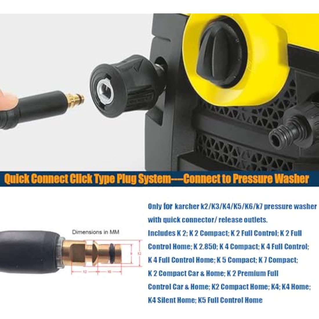 OHAYORI 15M High Pressure Washer Hose Jet Wash Replacement Hose with Quick-Fitting Pipe Union A for Karcher K2 K3 K4 K5 K6 K7 Car Wash Water Gun (M22 14MM Hose Connector & Quick Adapter for Karcher)
