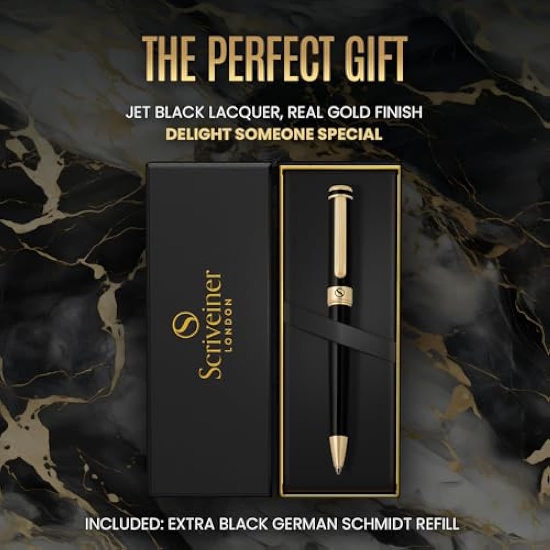 Scriveiner Black Lacquer Ballpoint - Stunning Luxury Pen, Real Gold Plating, Schmidt Black Refill, Best Ball Pen Gift Set for Men & Women, Professional Executive Office, Nice Fancy Designer Pens