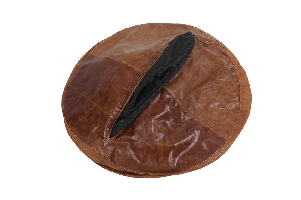 Woodland Leather Tan Morrocon Style Pouffe 17.5" Diam, Genuine Leather Designer Bean Bag Chair (Stuffed-1Piece, Tan)