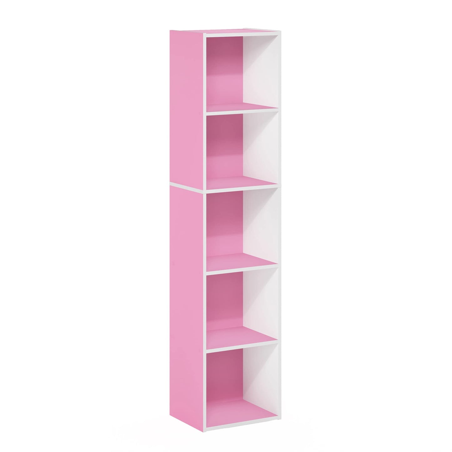 Furinno PASIR Book Shelf, 5-Tier Modern Bookshelf, Open Shelves Bookcase 9 x 12 x 52, for Living Room, Bedroom, Home Office, Pink/White