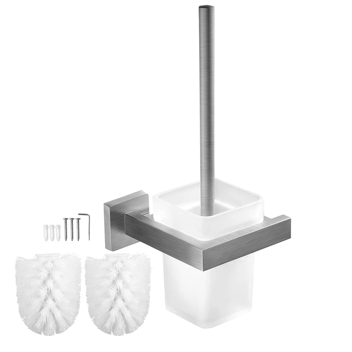 EXLECO Glass Toilet Brush with 2 Replacement Brushes, Matte Satin Glass Toilet Brush Set, Wall Mounted Toilet Holder, Bathroom Cleaning Products, Long