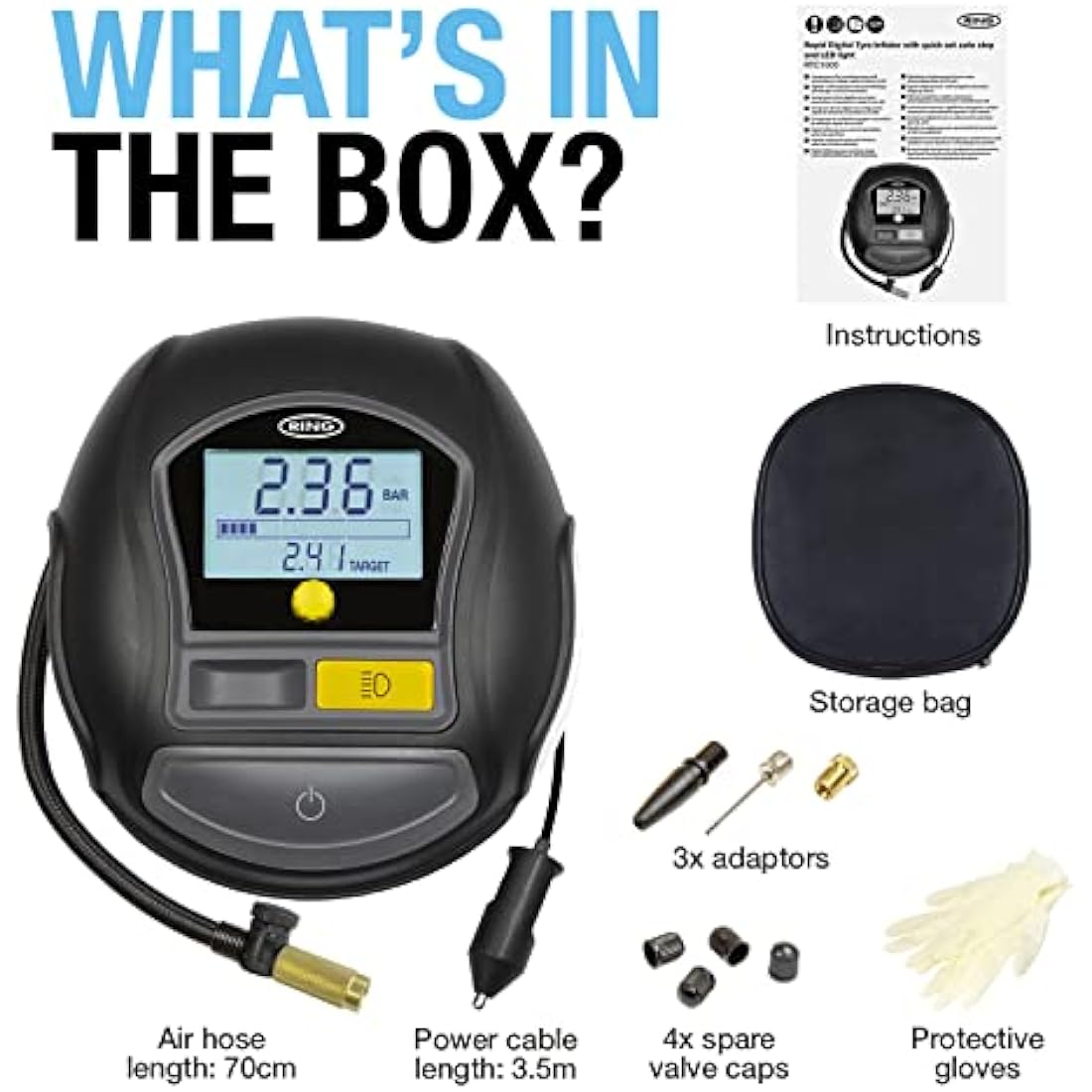 Ring Automotive TYREINFLATE 1000 Rapid Digital Tyre Inflator With Three Adaptors - Measures in PSI, BAR & Kpa