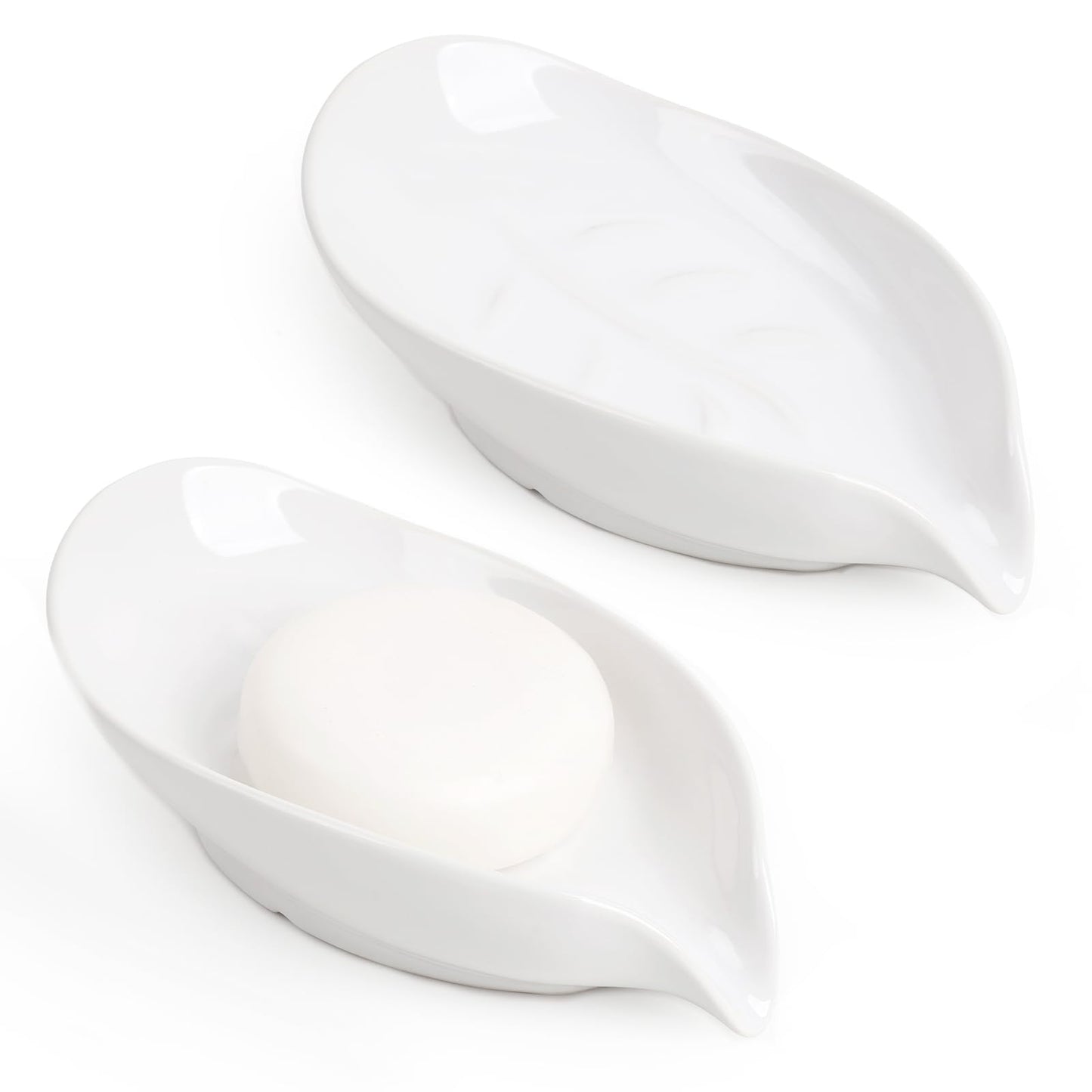ANTIS'S HOME Ceramic Soap Dish Set of 2 ? Elegant Leaf-Shaped White Porcelain Soap Holders for Bathroom & Kitchen, Non-Slip, Water Drainage Design,