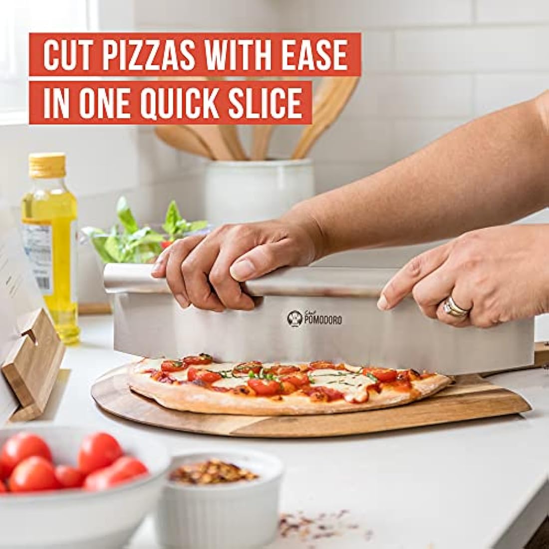 Chef Pomodoro Pizza Peel, Pizza Paddle with Safety Backstep and Foldable Wood Handle for Easy Storage, Metal Pizza Peel for Baking Homemade Pizza (30.5 x 35.6 cm + 35.5 Cutter)