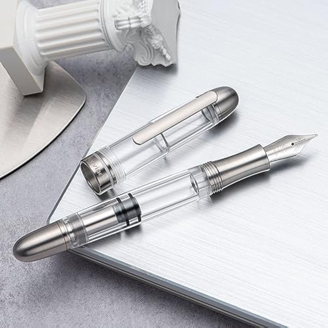 Asvine P36 Titanium Fountain Pen Piston Filling, Iridium Fine Nib Clear Transparent Acrylic Smooth Writing Pen Case Set, Torpedo shape