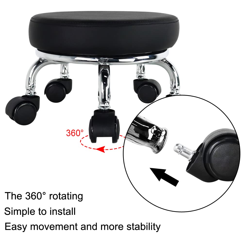 WKWKER Roller Seat PU Leather Low Round Rolling Stool Small Chair with Universal Swivel Caster Wheels for Home Office Garage Shop Fitness Sport(Black)
