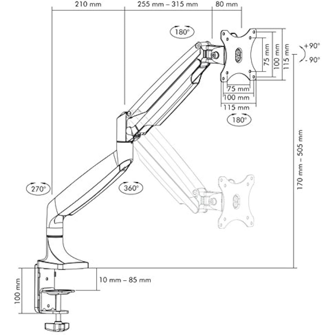 ICY BOX Monitor Mount for 1 Monitor up to 32 Inches (up to 9 kg, VESA 75 x 75/100 x 100), 2 Mounting Options, Swivel and Tilt, Cable Management, Ergonomic, Silver