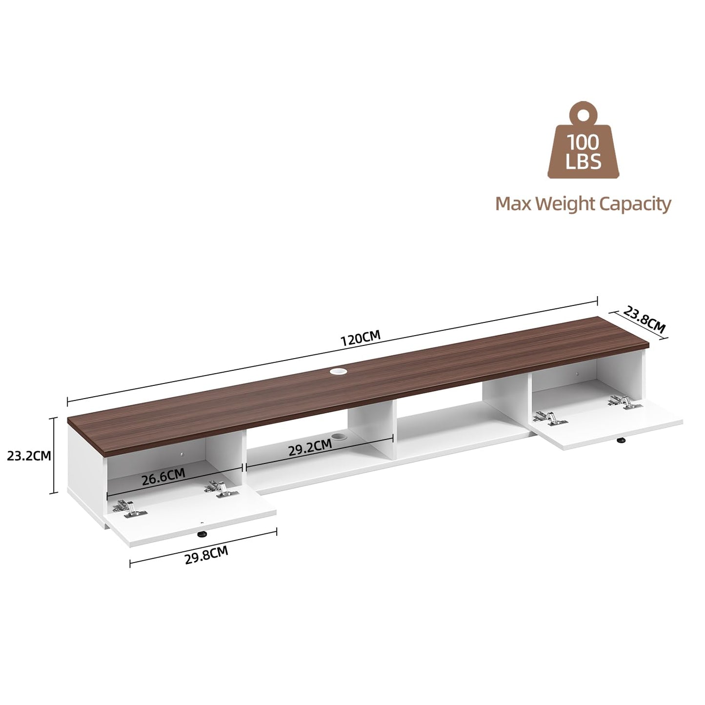 FloatiCasa 120cm Walnut & White Floating TV Unit, 2 Doors & 2 Open Cabinets