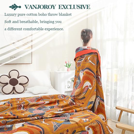 VANJOROY Double-sided Sofa Large Bed Throw Blanket, 100% Organic Cotton Warm Soft Bohemian Throw for 2 3 Seater Armchair Couch and Bed.