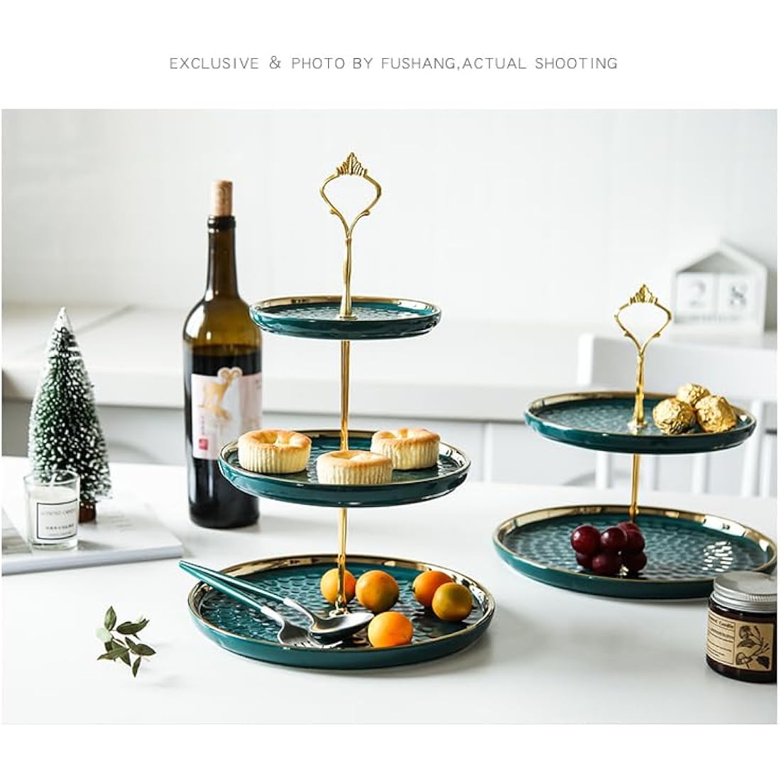 MEETOZ 2 Set of Round Porcelain Tiered Cupcake Stand, Dessert Plates Stand Tiered Serving Trays with Gold Rod, 3 Tiers and 2 Tiers Cake Stand Party Serving Trays Fruit Pastry Holders(Green)