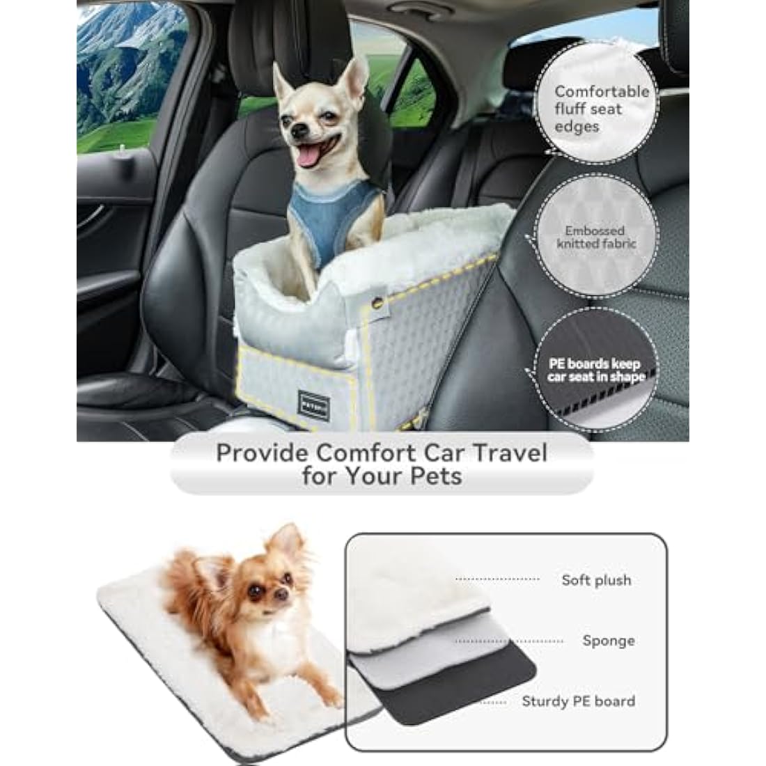 PETSFIT Center Console Dog Car Seat - Secure Safety Hooks & Upgraded Tethers, Removable Washable Cushion for Small Pets up to 6kg (Light Grey)