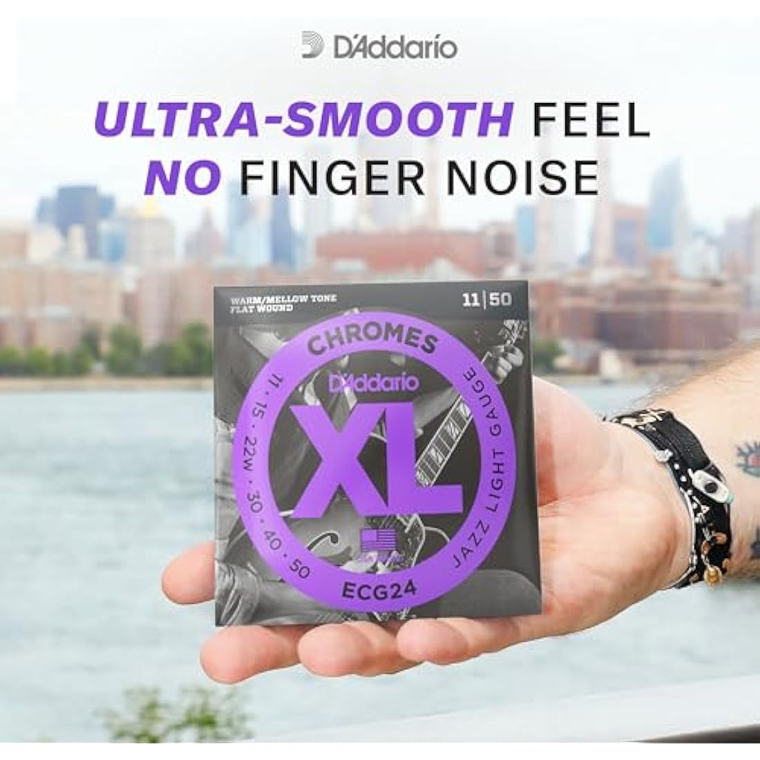 D'Addario Guitar Strings - XL Chromes Electric Guitar Strings - Flat Wound - Polished for Ultra-Smooth Feel and Warm, Mellow Tone - ECG25 - Light, 12-52, 1-Pack