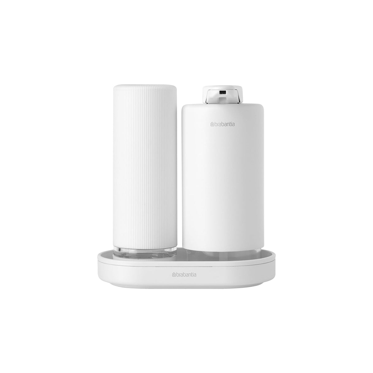 Brabantia - SinkStyle Soap Dispenser Set with 2 Stylish Dispensers for Hand and Dish Soap, Textured Tray, and Soap Squeezer ? Mineral Fresh White, 2 x