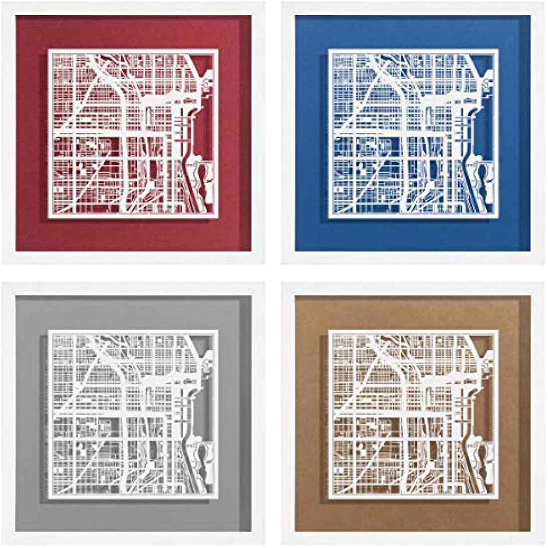 O3 DESIGN STUDIO Chicago Paper Cut Map framed, White map, White frame, 9x9 inches, Gift Boxed, 4 background color, self-changing, Paper Art