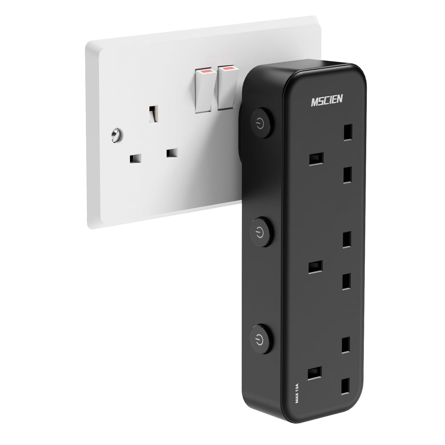 Mscien Plug Adapter, 3 Way Plug Extension Socket with Individually Switched, Multi Plug Adaptor Black Socket Extender, Wall Socket Extension for Home,