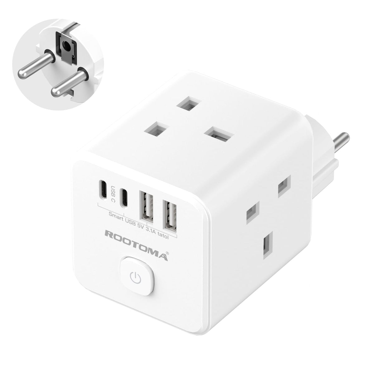 UK to European Plug Adapter with 4 USB Ports(2 USB C), Cube European Plug Adapter for Germany, Spanish, France, Turkey, Italy, Egypt, Greece, Portugal