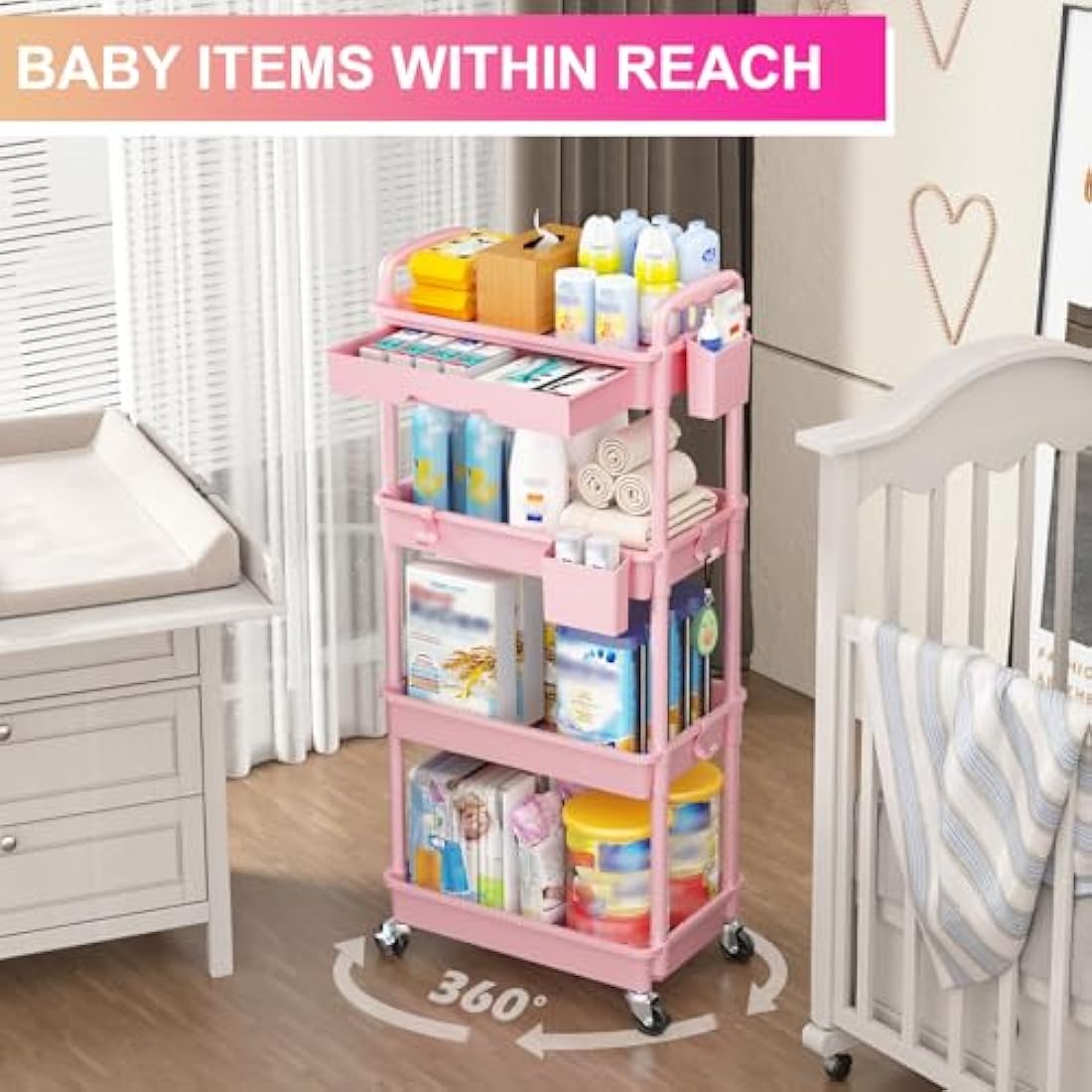 Yeabett 4 Tier Craft Trolley, Storage Trolley On Wheels Utility Cart With Drawer For Kitchen, Bathroom, Office, Living Room, Pink