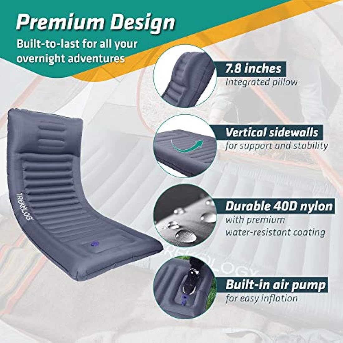 TREKOLOGY UL140 Inflatable Sleeping Pad with Built-in Foot Pump – Lightweight Camping Mat, Self-Inflating Sleeping Mattress for Hiking, Backpacking & Travel