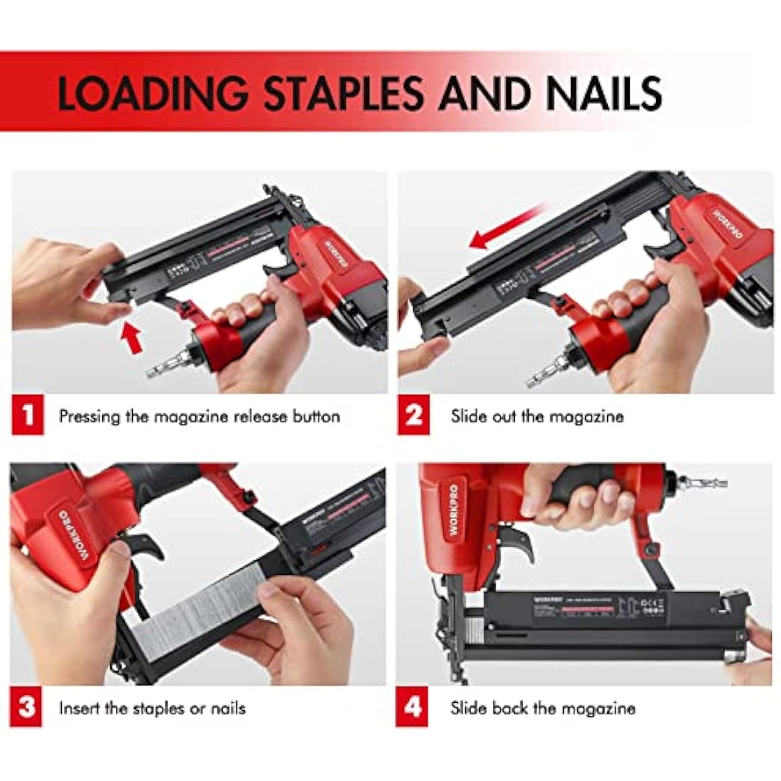 WORKPRO Air Brad Nailer Gun 50mm, 2-in-1 Nail Gun/Upholstery Stapler, Accepts 18G Nails 15-50mm & Type 90 Staples 16-40mm, Lightweight Aluminum Body, Come with 400pcs Nails and 300pcs Staples