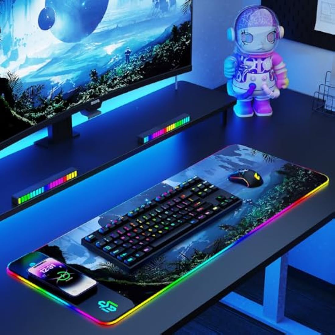 GIM Wireless Charging RGB Gaming Mouse Pad 15W, LED Mouse Mat 800x300x4MM, 10 Light Modes Extra Large Mousepad Non-Slip Rubber Base Computer Keyboard Mat for Gaming (Magnetism-Planetary Dreams)
