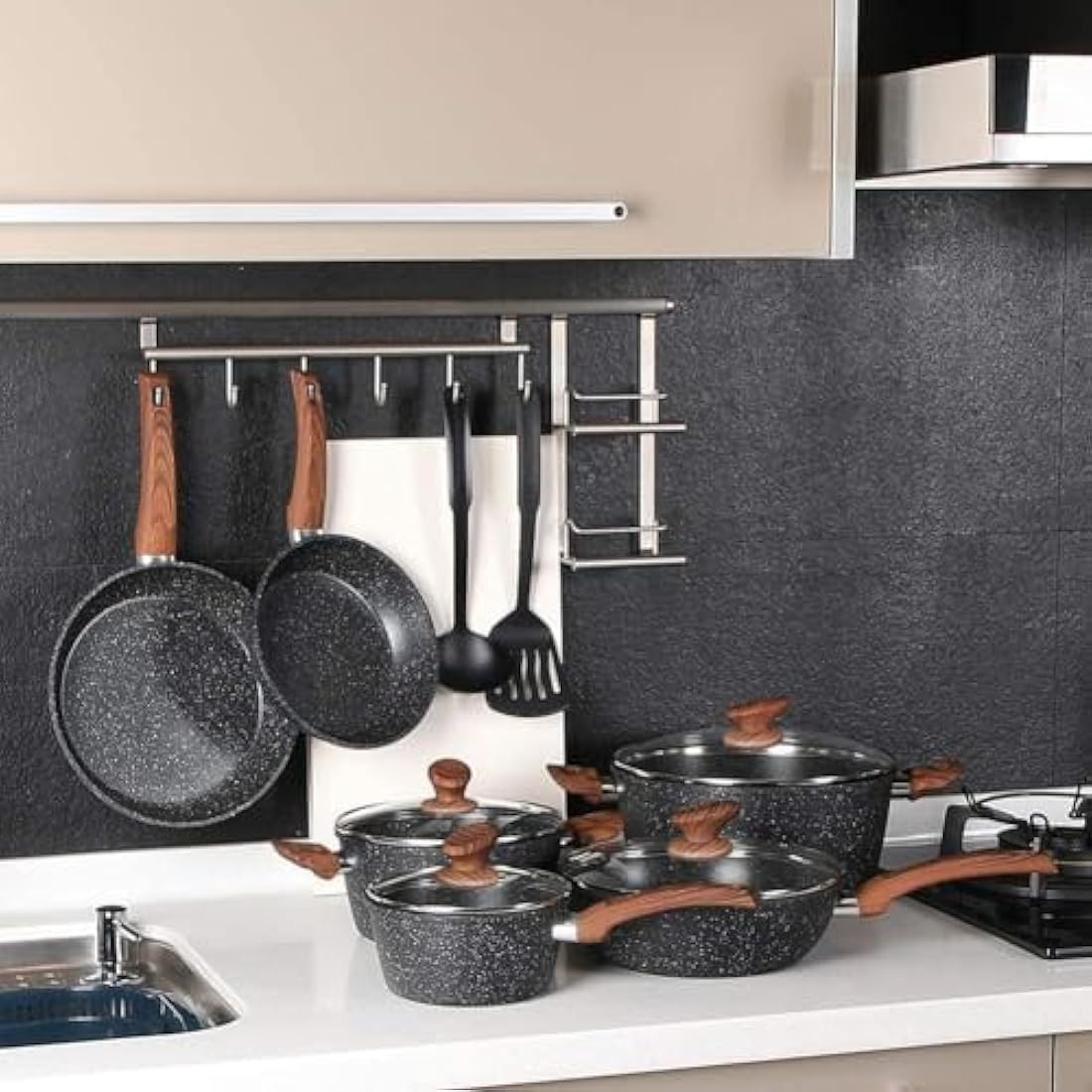 Kitchen Academy Induction Hob Pots and Pans Set - 12 Piece Cooking Pans Set, Black Granite Kitchen Cookware Set,Nonstick Saucepan Set PFOS & PFOA Free